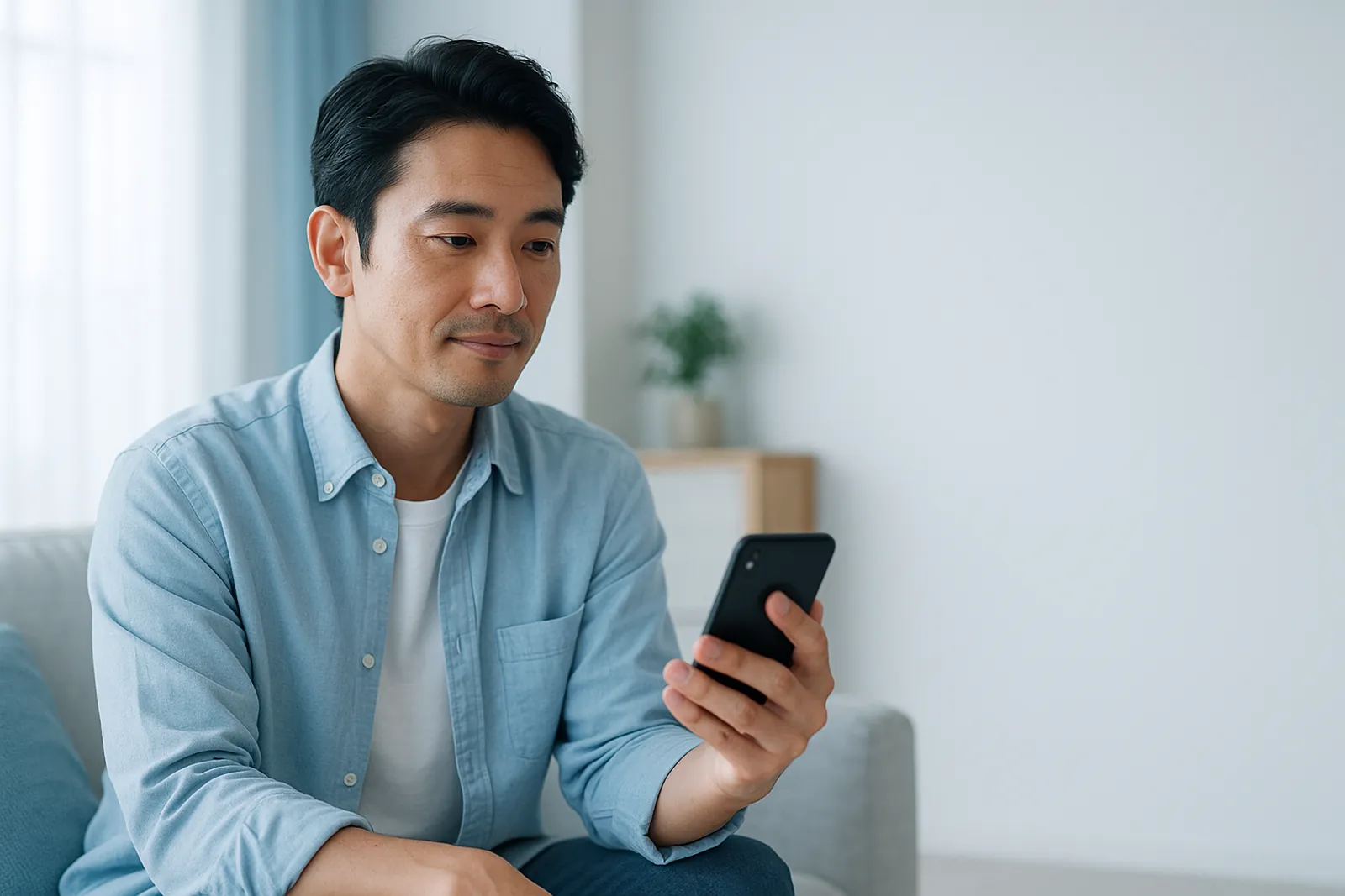 自宅でスマートフォンからオンライン診療を受ける男性
